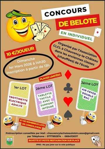 Concours de belote à Chauvency-le-Château le 1er Mars