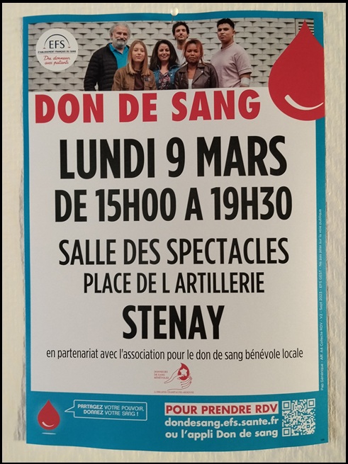 Don de sang à Stenay le lundi 9 mars